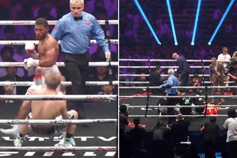 Sasaki cae en la pelea por el título mundial y sufre un tremendo nocaut que lo deja inmóvil y en camilla