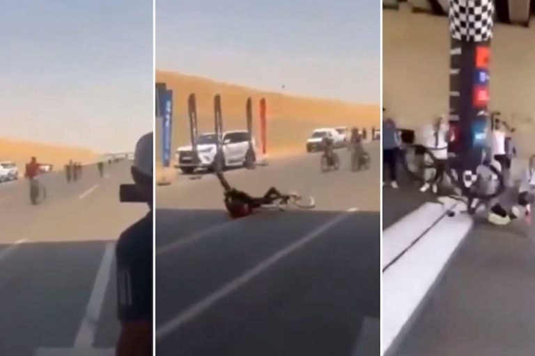 Ciclista festeja antes de la meta y sufre un insólito accidente en el Campeonato Iraquí de Clubes de Ciclismo